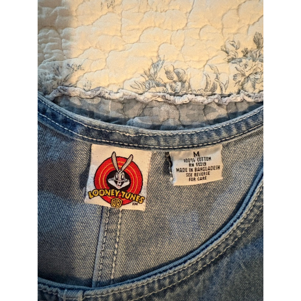 Vintage 90s Looney Tunes Denim Jumper Dress Tweety Sylvester Embroidered dress - Picture 4 of 9